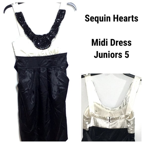 Sequin Hearts Midi Dress Party Black Cream Size 5 Pockets Hidden Back Zipper - Picture 1 of 9